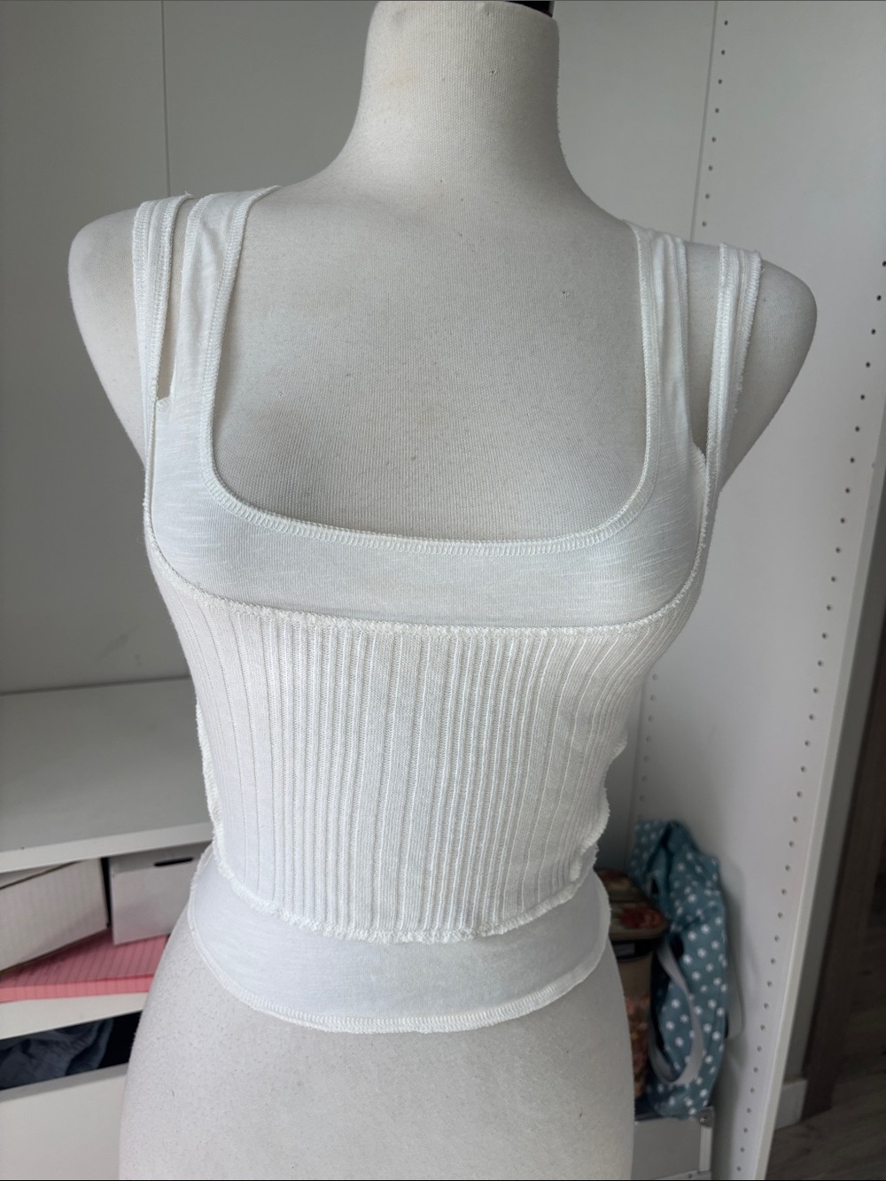 Urban Outfitters White Ribbed Double-Strap Square Neck Tank